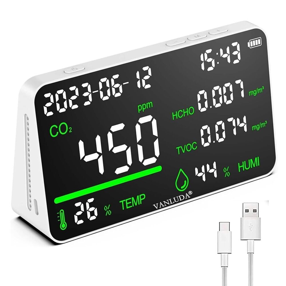 7-in-1 Air Quality Monitor, Indoor Humidity Monitor Temperature, CO2, TVOC, NIB